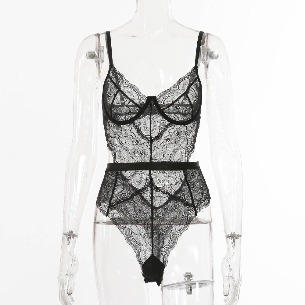 LA BELLA European And American Sexy See Through Sexy Lingerie Multi Color Lace Slim Fit Waist Jumpsuit