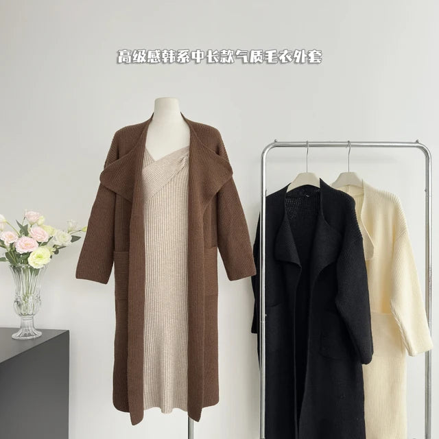 Autumn Winter Women Long Knitted Cardigan With Pockets Lazy Style Warm Loose Causal Sweater Jacket Versatile Overcoat