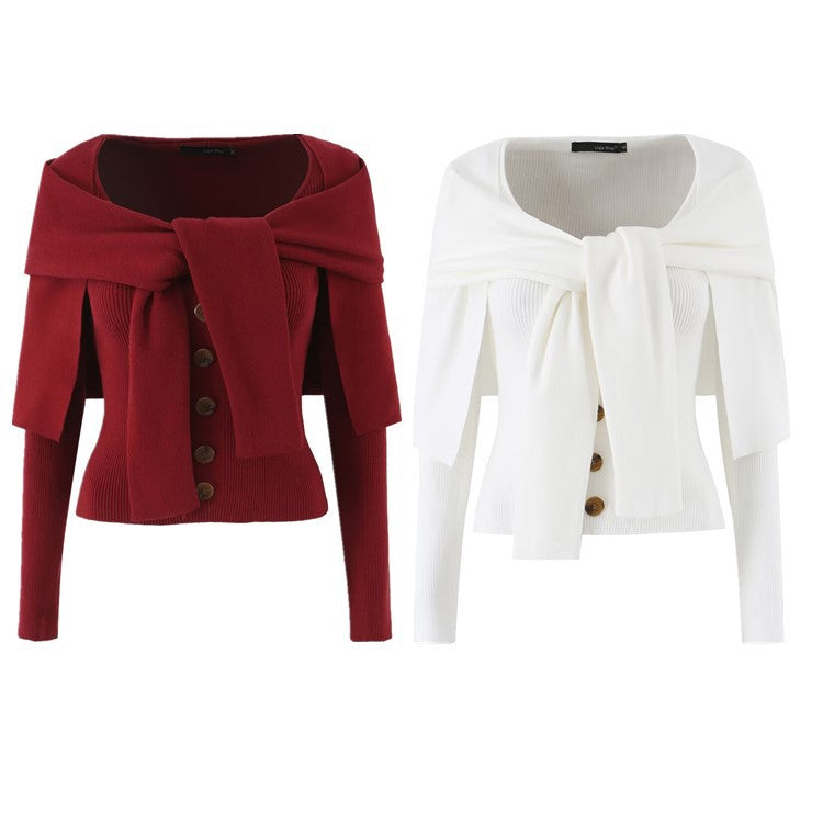 Women's Short Slim Fit Knit Cardigan Sweater Top, Double Layer Shawl Collar Wrap Tie Long Sleeve Fall Sweater