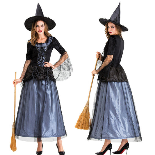 Halloween Cosplay Witch Costume Women's Black Lace Mesh Dress