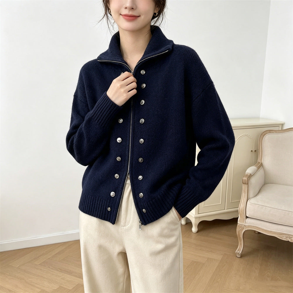 Double row decorative buckle solid color zipper sweater