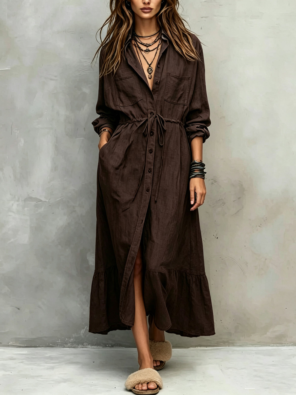 Spring and Autumn Casual Drawstring Waist Shirt Dress Loose Style for Women