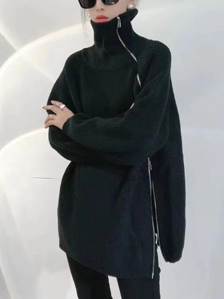 Temperament Turtleneck Solid Color Loose Sweater Cardigan For Women Casual Zipper Knitted Coats Top  Autumn New