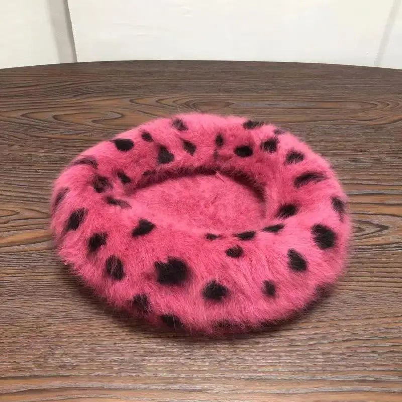 Dr. Powtry's Beret Women Rabbit Fur Spotted Leopard Beret Sherlock Hat Beret Cute Elegant Beret Warm Hat Elegant Ladies Winter Hat Wholesale