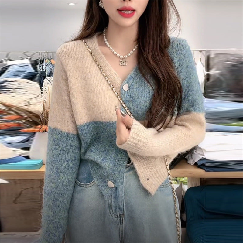 Style Color-Block Plaid V-Neck Knit Cardigan Women