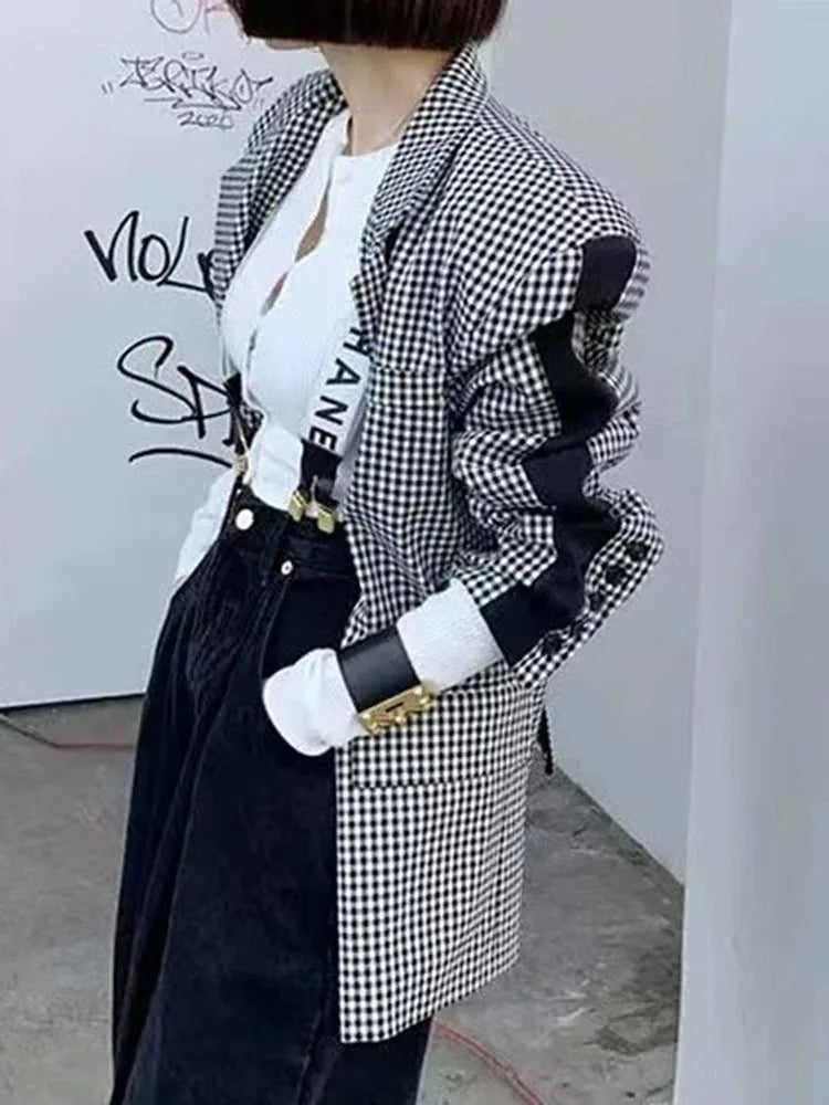 Korean Plaid Contrast Color Patchwork Suit Jackets High Quality Casual Outerwear Coat For Women  Spring Autumn