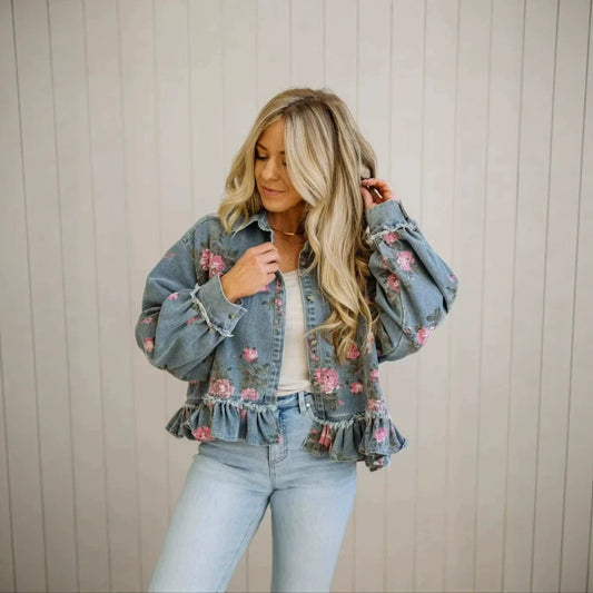 New Style Retro Washed Denim Jacket with Floral Print Loose Fashion Long Sleeve Shirt for Women