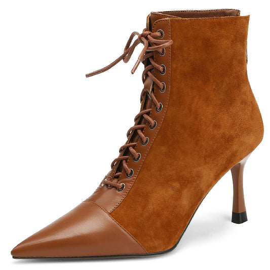 Elegant Women Ankle Boots Pointed Toe Thin High Heels Female Office Genuine Leather Cross-Tied Shoes Woman