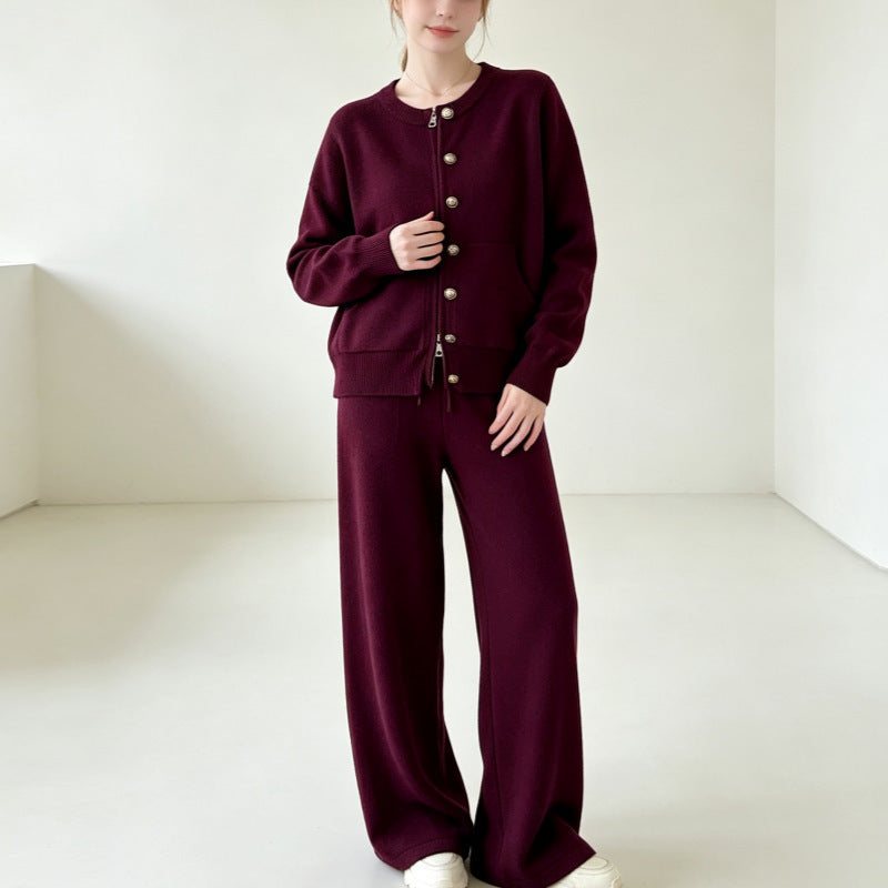 Zipper knit sweater wide leg straight leg pants solid color two-piece set