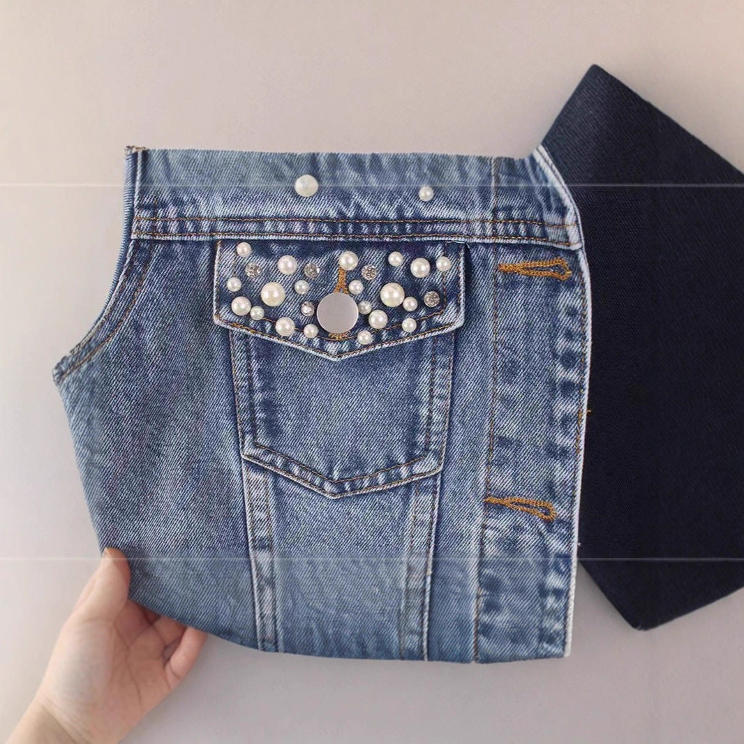 Women's Denim Jacket with Beading Rhinestonesand Pearls, Fashionable Ulzzang Outerwear