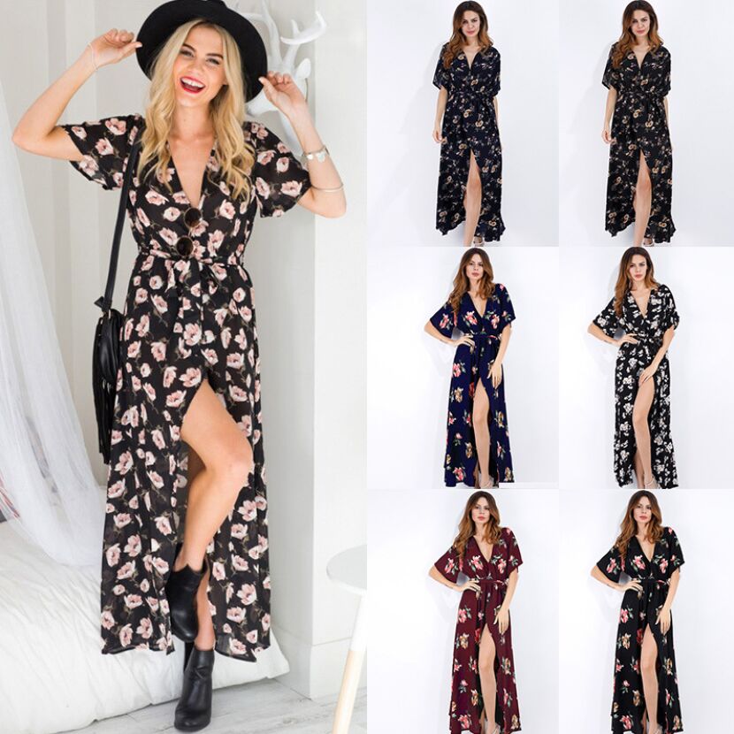 Dress Short Sleeve A Line  Floral Print Chiffon Deep V-Neck Split Sexy Women Summer Dresses Bohemian Beach Elegant Party Vestido