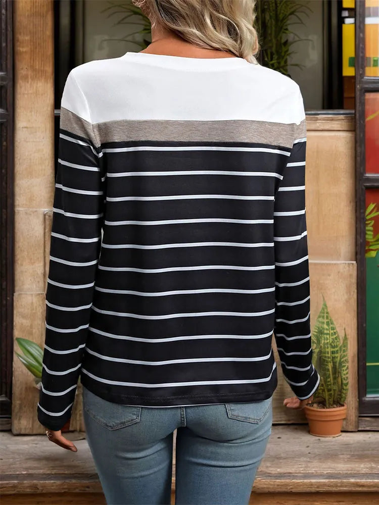 Autumn women's patchwork long sleeved striped T-shirt for women