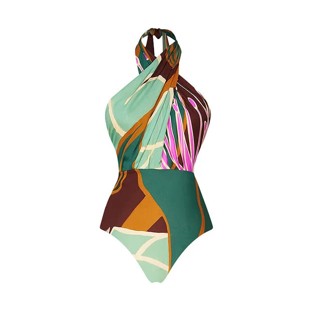 BORIKEN'S HALTER PRINTED ONE PIECE WOMEN'S SWIMSUIT WITH SUMMER SKIRT