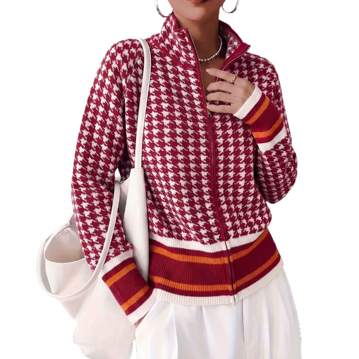 Stand up collar zipper knitted cardigan for women in autumn and winter
