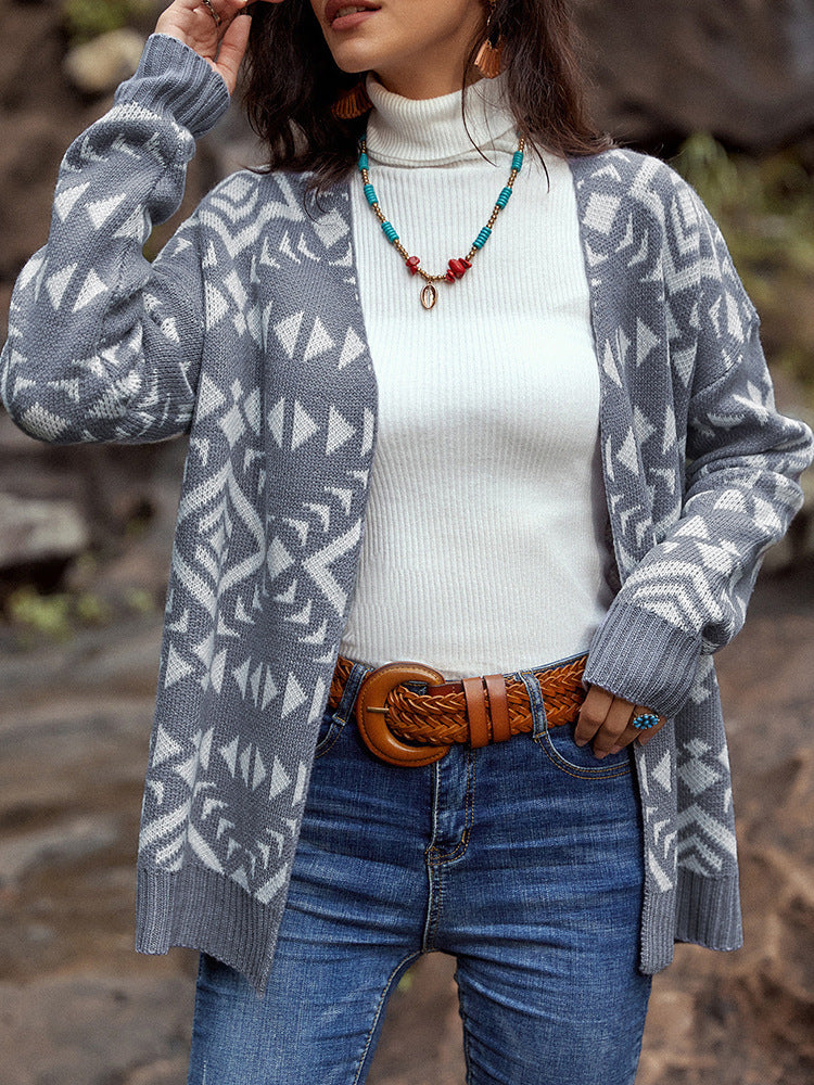 Autumn And Winter Cardigan Sweater Geometric V-Neck Long-Sleeved Coat Top Women
