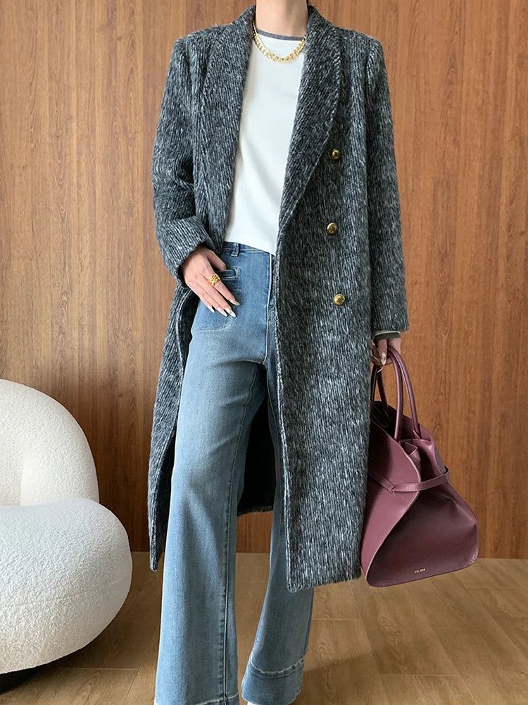 Solid Temperament Long Coat For Women V Neck Long Sleeve Spliced Double Breasted Loose Minimalist Coats Female New