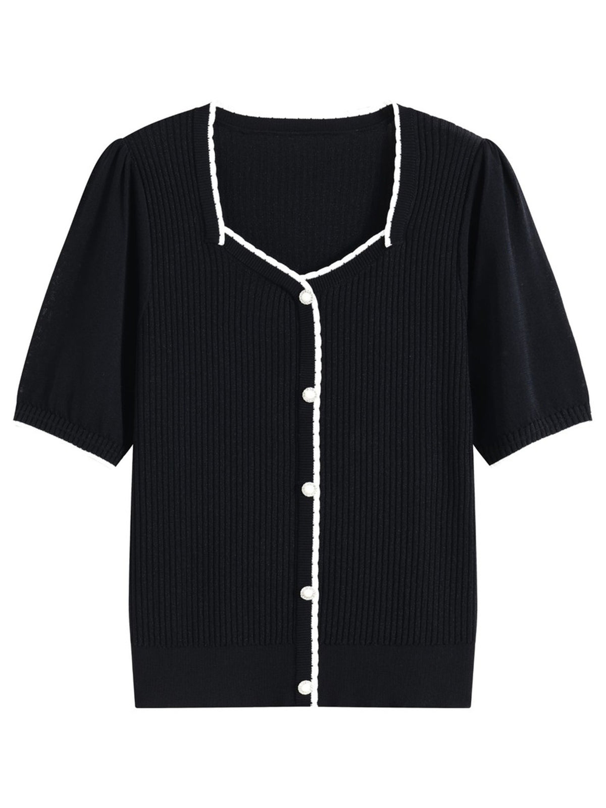 Chic Black Square Neck Knit Top for Women, Minimalist Slim Fit, Elegant and Flattering Short Sleeve Sweater