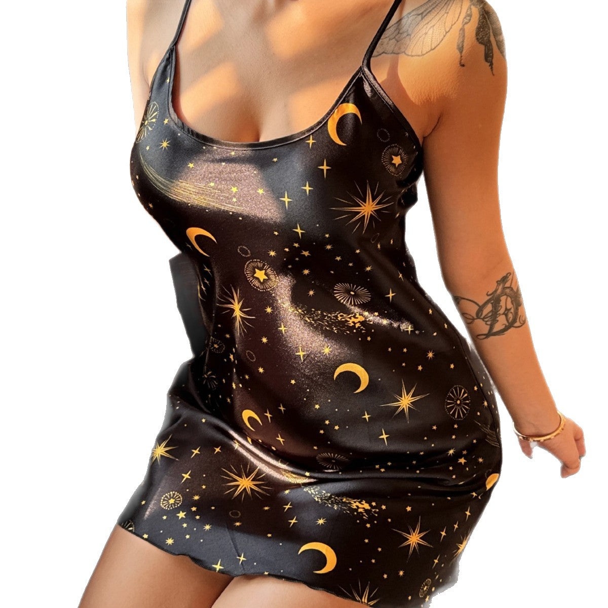 Elegant Star and Moon Pattern Strappy Satin-like Silk Sleep Dress for Women LightweightLoose Fit, Nightwear