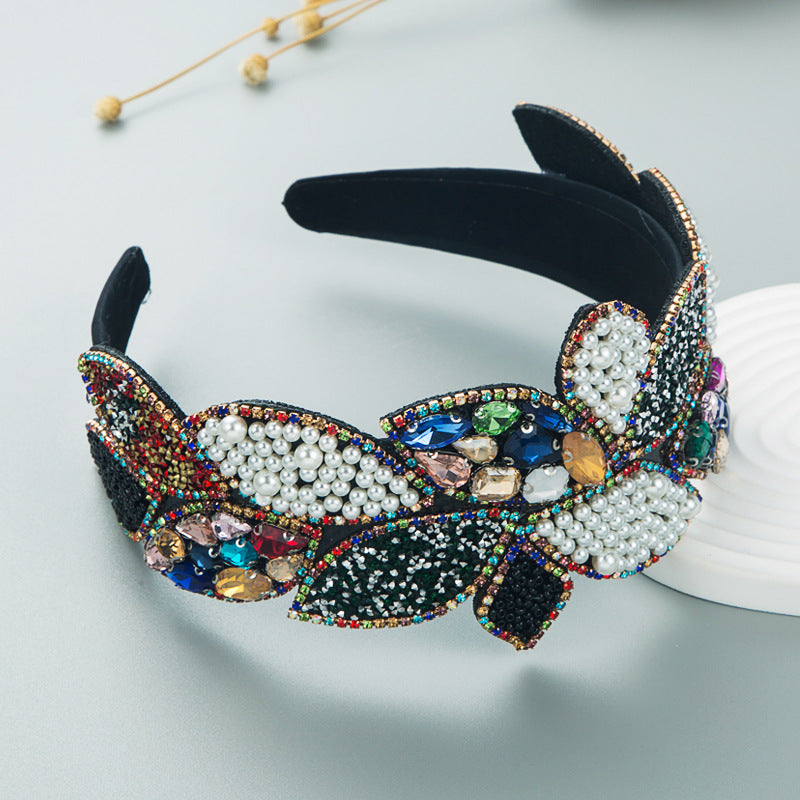 Headband Fashion Ball Rhinestone Pearl Leaf-Shaped Baroque Headband Exaggerated Wide Side