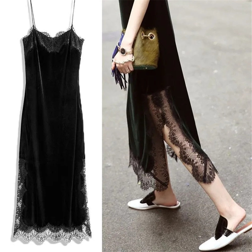 Goth Vintage Black Long Skirt Aesthetic Elegant Lace Patchwork Velvet Skirt Gothic Sexy Side Split Hight Wait Slit Party Skirt