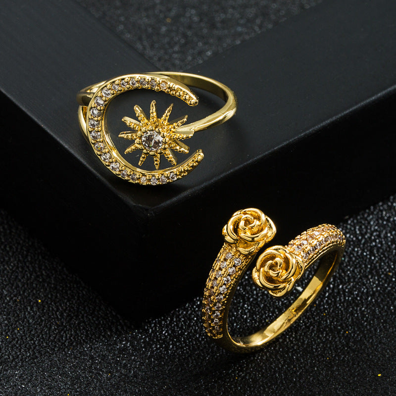 Open Adjustable INS Creative Star And Moon Ring Copper-Plated 18K Gold Micro-Set Zircon Jewelry