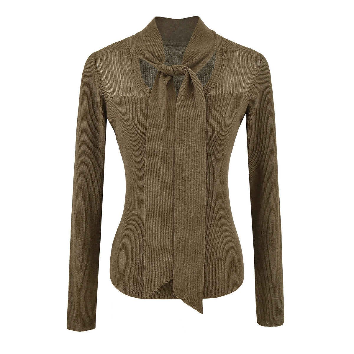 Women's Tie-Neck Semi-Sheer Slim Fit Wool Blend Knit Top Long Sleeve Layering Sweater