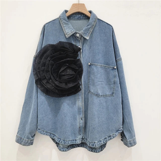 Pleated Flower Decoration Denim Shirt Top For Women  Autumn New Fashion Loose Versatile Casual Blouse Female