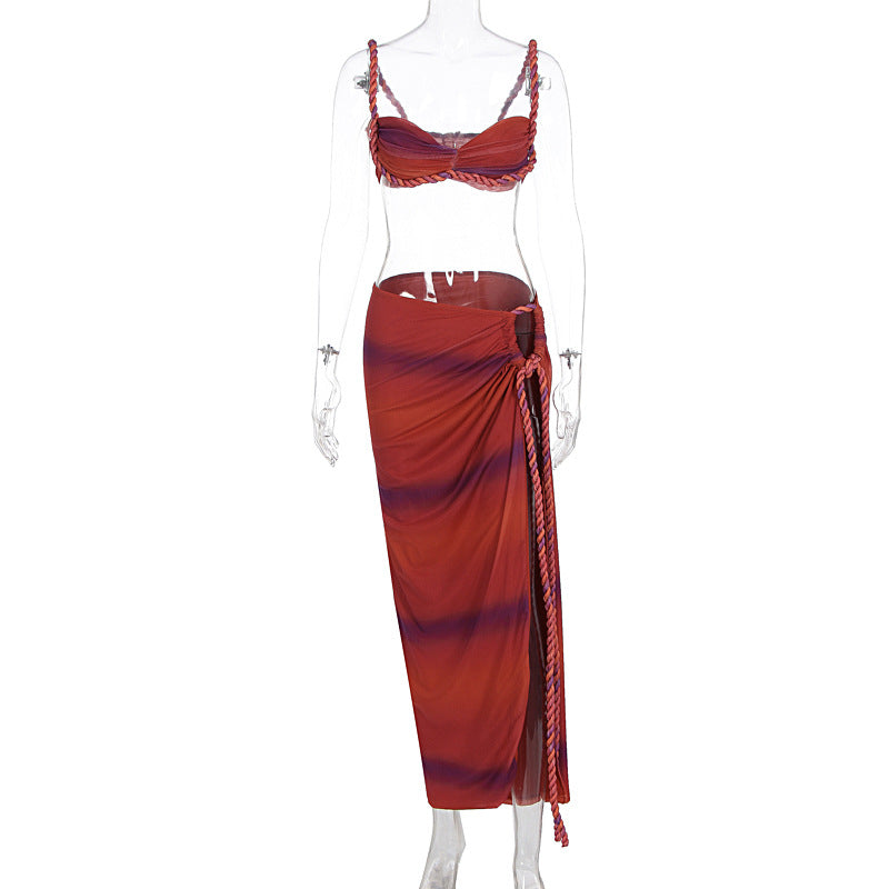 KISCHA Beach vacation swimsuit woven camisole top split skirt set