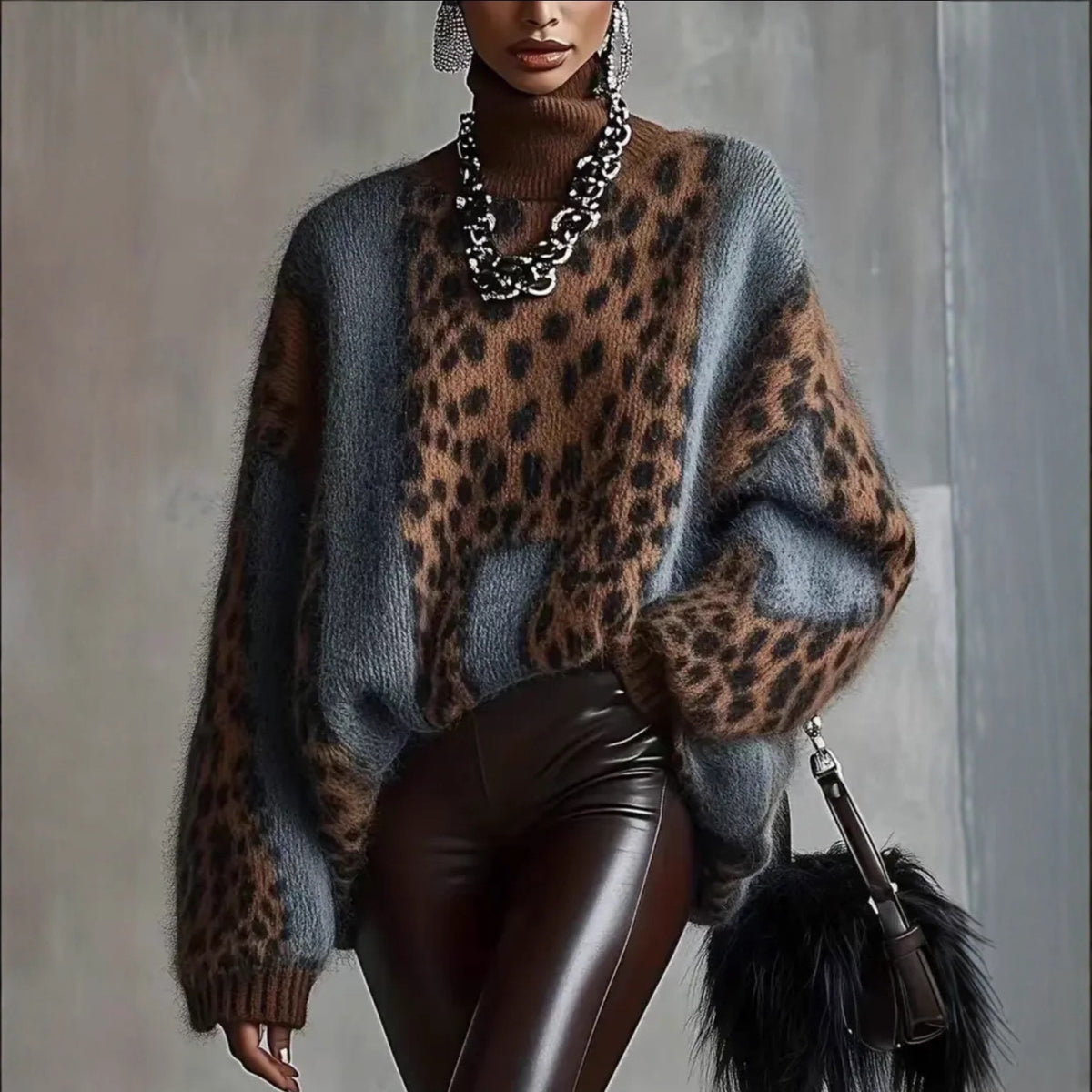 Leopard print knitted sweater for women in autumn and winter