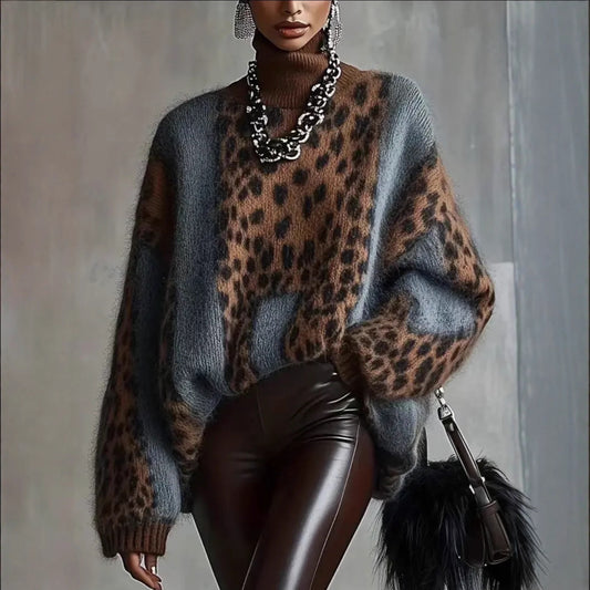 Leopard print knitted sweater for women in autumn and winter