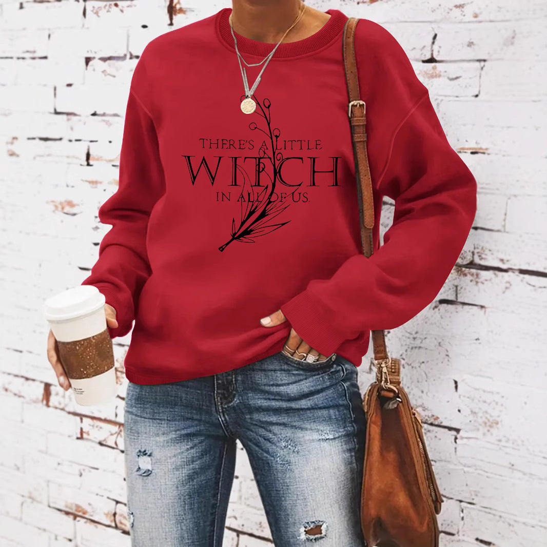 Living in a witch print round neck hoodie