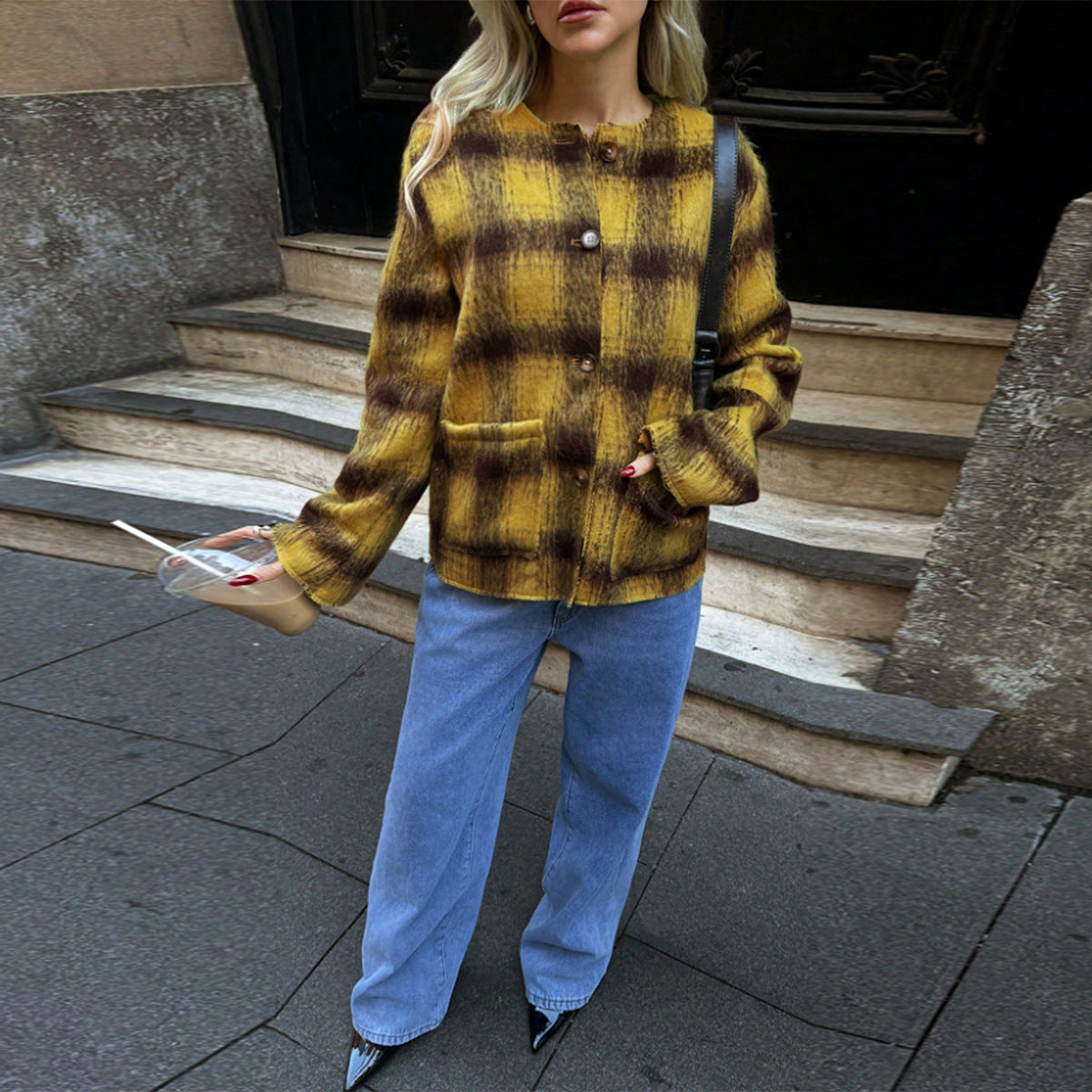 Color woven woolen plaid coat for women in autumn