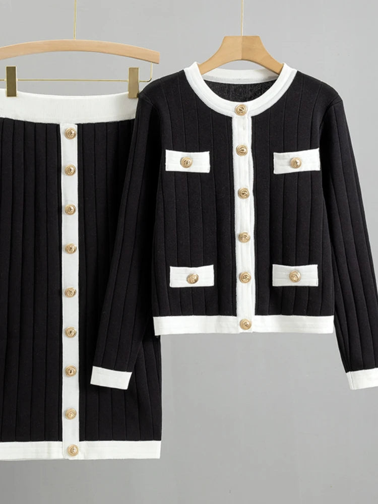 Elegant Temperament Womens Two Piece Set Autumn Winter French Knitted Cardigan Jacket Black Half Skirt Sets Office Commuting Kit