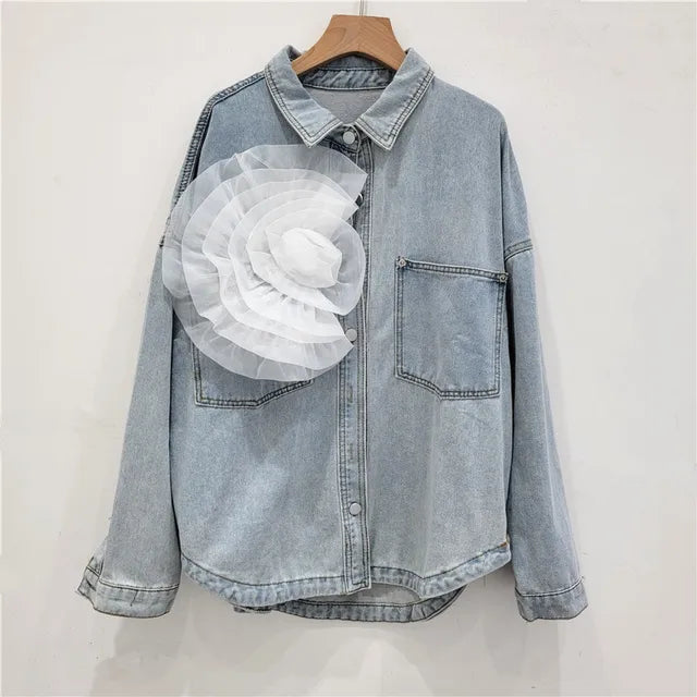 Pleated Flower Decoration Denim Shirt Top For Women  Autumn New Fashion Loose Versatile Casual Blouse Female