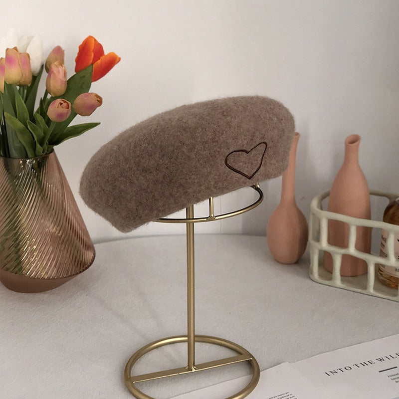 Poetic Wool Beret Hat For Women Heart-shaped Embroidery Painter Hat Retro Casual Octagonal Hat Bonnet Enfant
