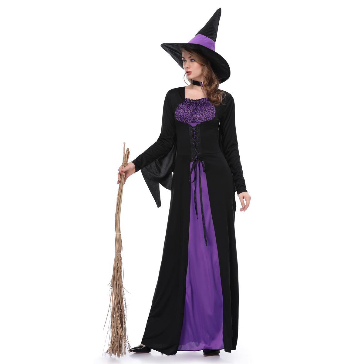 Magic Witch Costume for Women Adult Halloween Purple Long Dress Cosplay Outfit