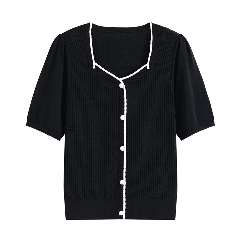 Chic Black Square Neck Knit Top for Women, Minimalist Slim Fit, Elegant and Flattering Short Sleeve Sweater