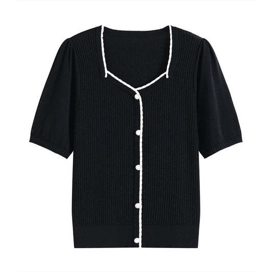Chic Black Square Neck Knit Top for Women, Minimalist Slim Fit, Elegant and Flattering Short Sleeve Sweater