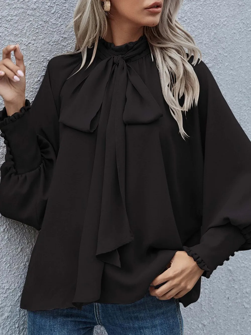 Badge of Pearls Tie Neck Lantern Sleeve Blouse