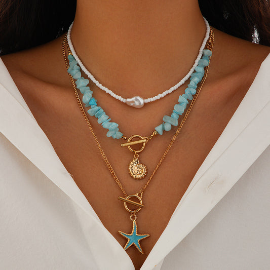 Personalized and minimalist starfish alloy pendant necklace, Baroque style multi-layer pearl collar