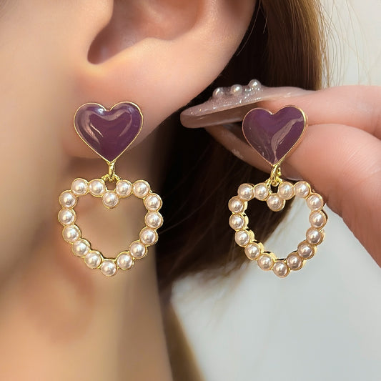 Love pearls sweet temperament oil dripping peach heart earrings