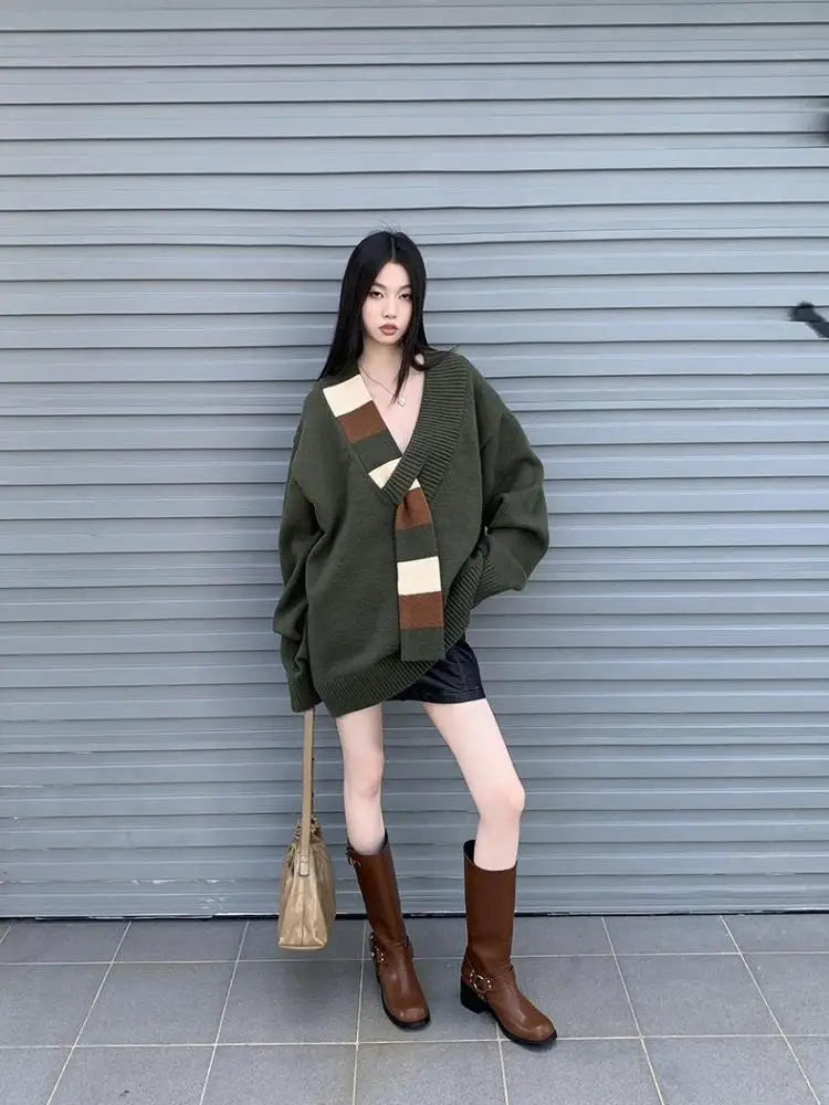 Retro Patchwork Sweater Women Clothes Long Sleeve Warm Knitted Tops Autumn Winter Pullovers Ladies Jumpers Chic