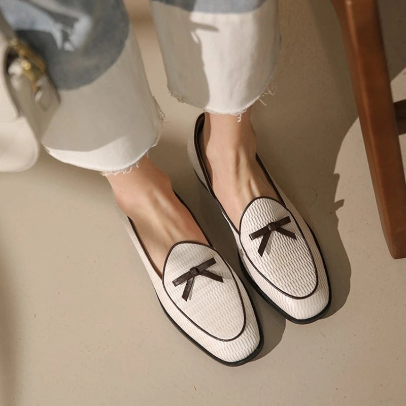 Autumn Women Loafers Genuine Leather Shoes for Women Round Toe Chunky Heel Shoes Casual Bow-knot Low Heel Women Pumps