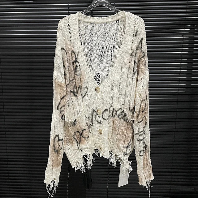 Autumn New Collection Women Knitted Cardigan Letter Pattern Loose Hole Design Single-breasted Fashion Sweater