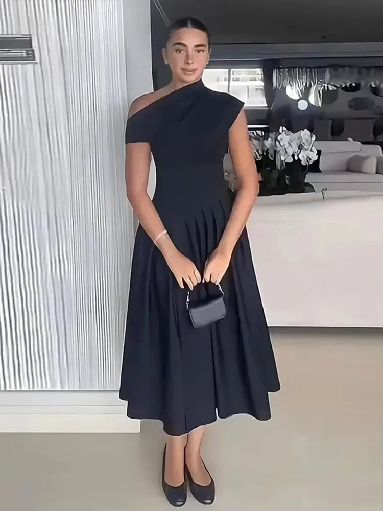 Autumn Women Elegant Dress Casual Diagonal Collar Slim A-line Robe Female Fashion Chic High Waist Vent Patchwork Dresses Lady