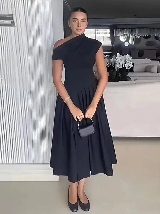 Autumn Women Elegant Dress Casual Diagonal Collar Slim A-line Robe Female Fashion Chic High Waist Vent Patchwork Dresses Lady