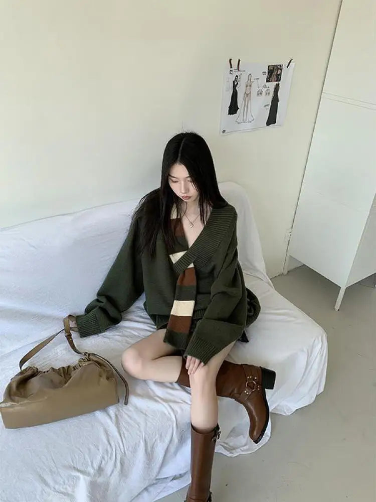 Retro Patchwork Sweater Women Clothes Long Sleeve Warm Knitted Tops Autumn Winter Pullovers Ladies Jumpers Chic