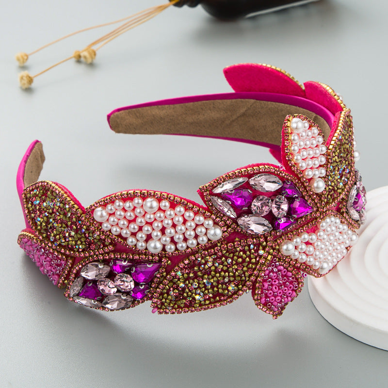 Headband Fashion Ball Rhinestone Pearl Leaf-Shaped Baroque Headband Exaggerated Wide Side
