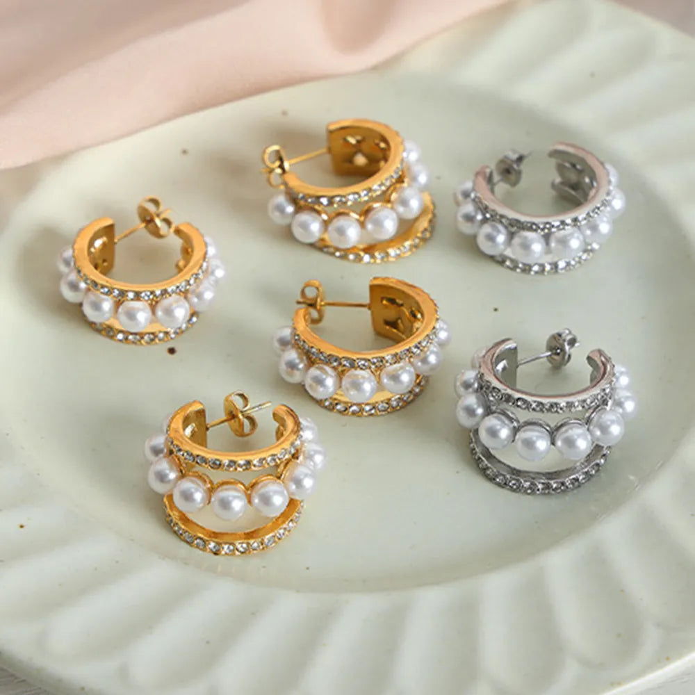 Badge of Pearls Titanium Steel C-Hoop Earrings