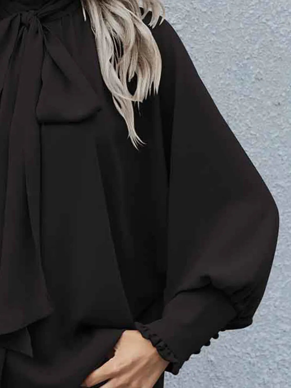 Badge of Pearls Tie Neck Lantern Sleeve Blouse